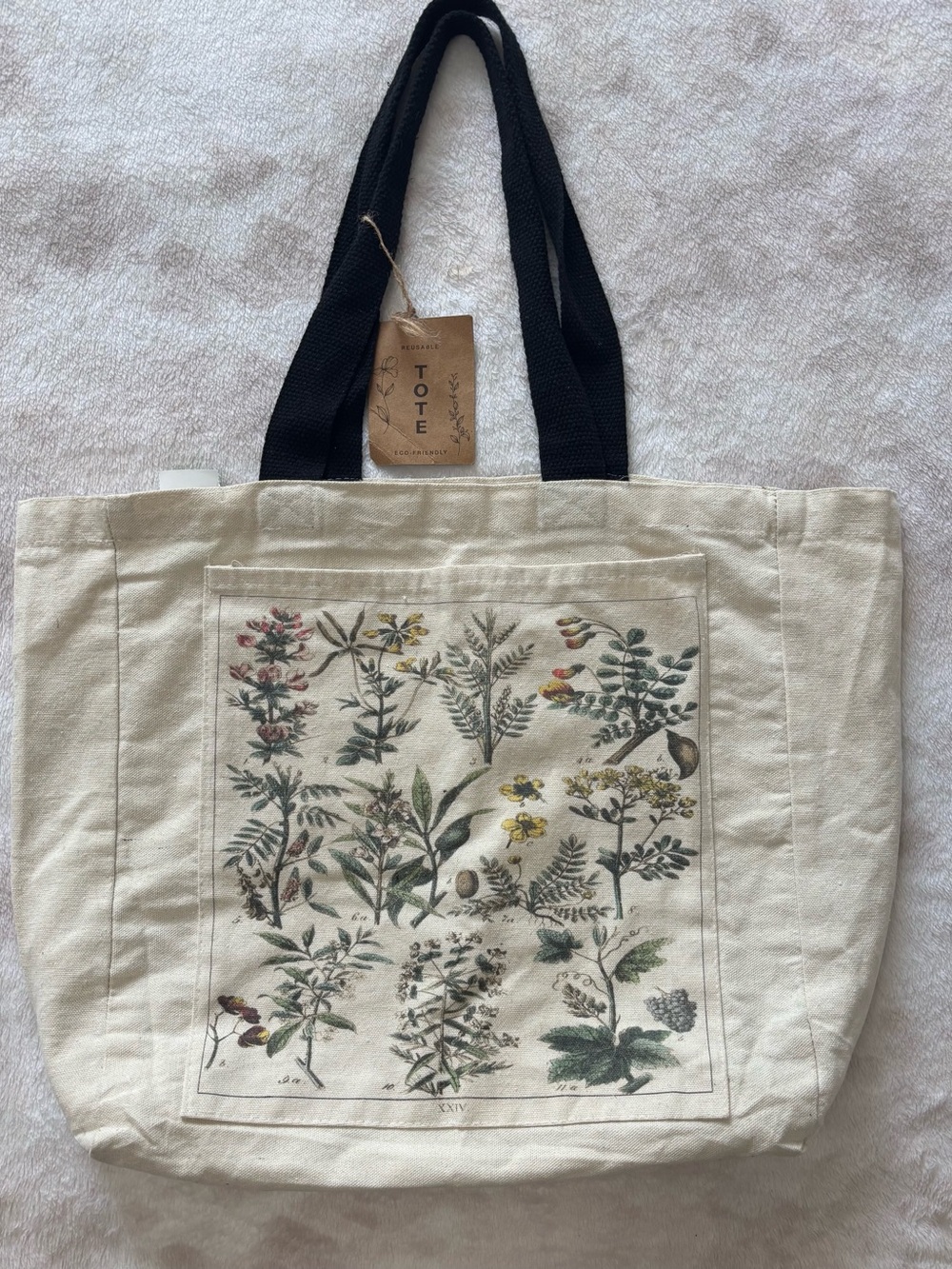 Natural Canvas Tote Bag Vintage Botanical Plants with Black Handles